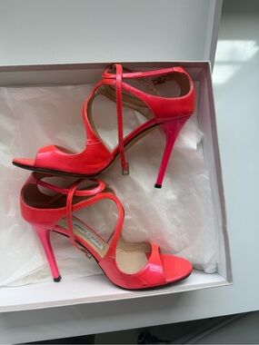 Jimmy Choo Bright Neon Pink Patent Leather Strappy Stilettos
